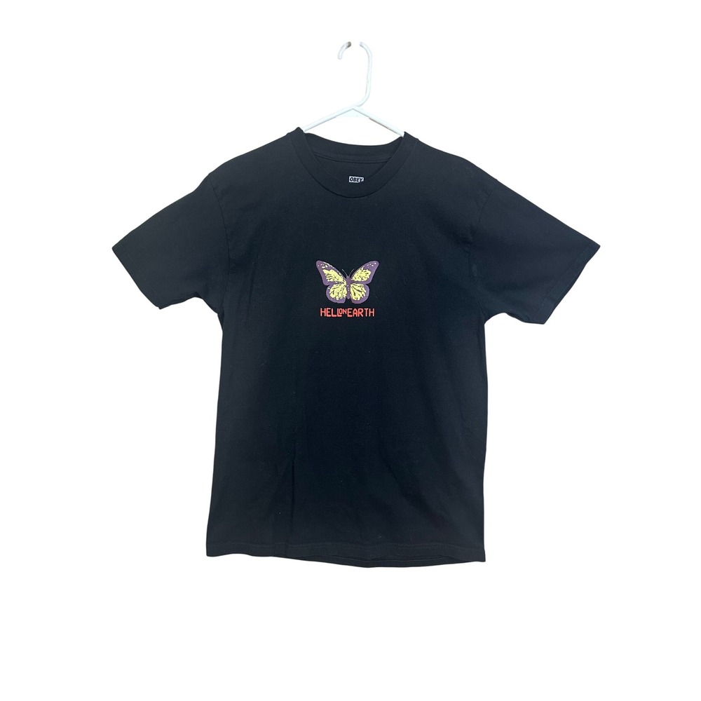 OBEY Hello Earth Butterfly Graphic T-Shirt Black Mens Medium Casual‎
